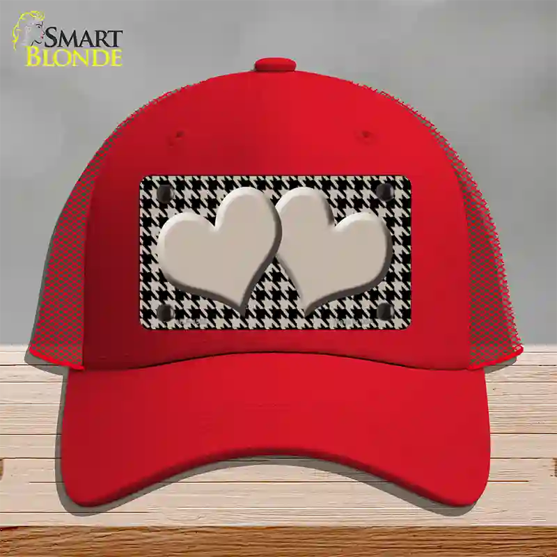 Tan Black Houndstooth Tan Center Hearts Novelty License Plate Hat Mesh / Red