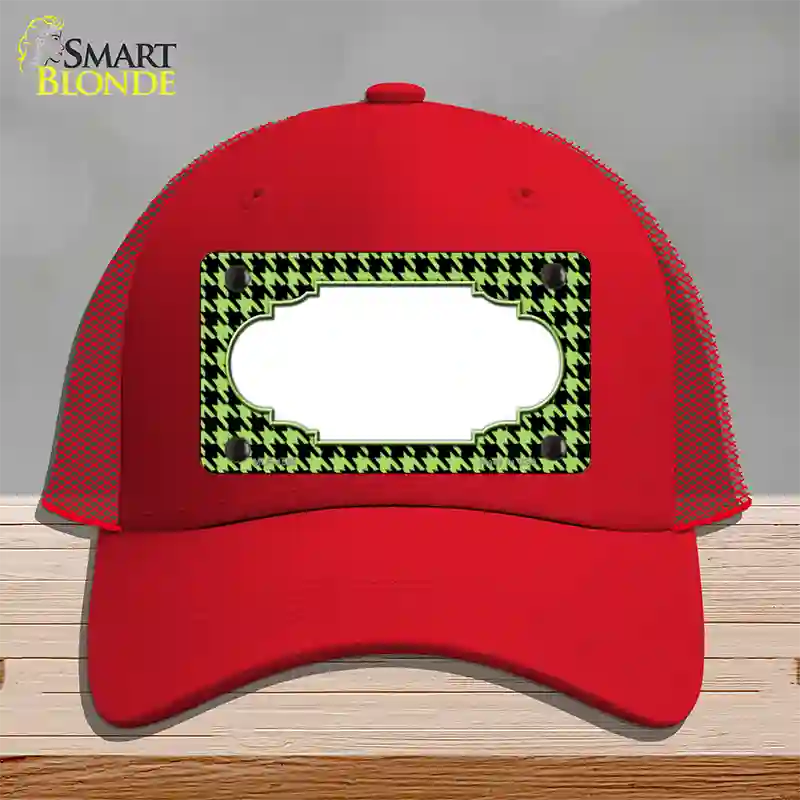 Lime Green Black Houndstooth Scallop Center Novelty License Plate Hat Mesh / Red