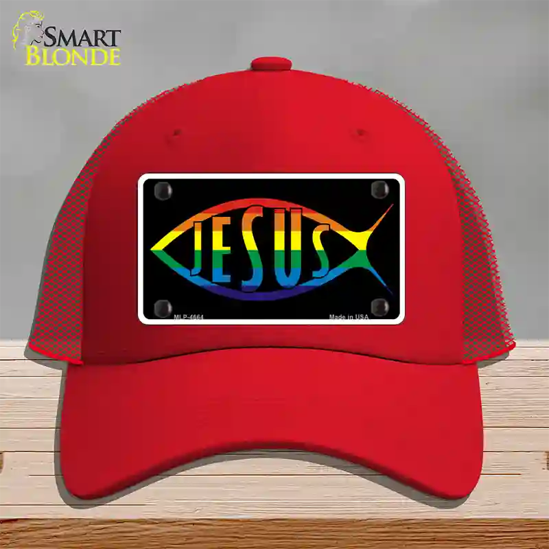 Jesus Fish Rainbow Novelty License Plate Hat Mesh / Red