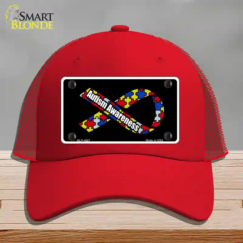 Autism Awareness Ribbon Novelty License Plate Hat Mesh / Red