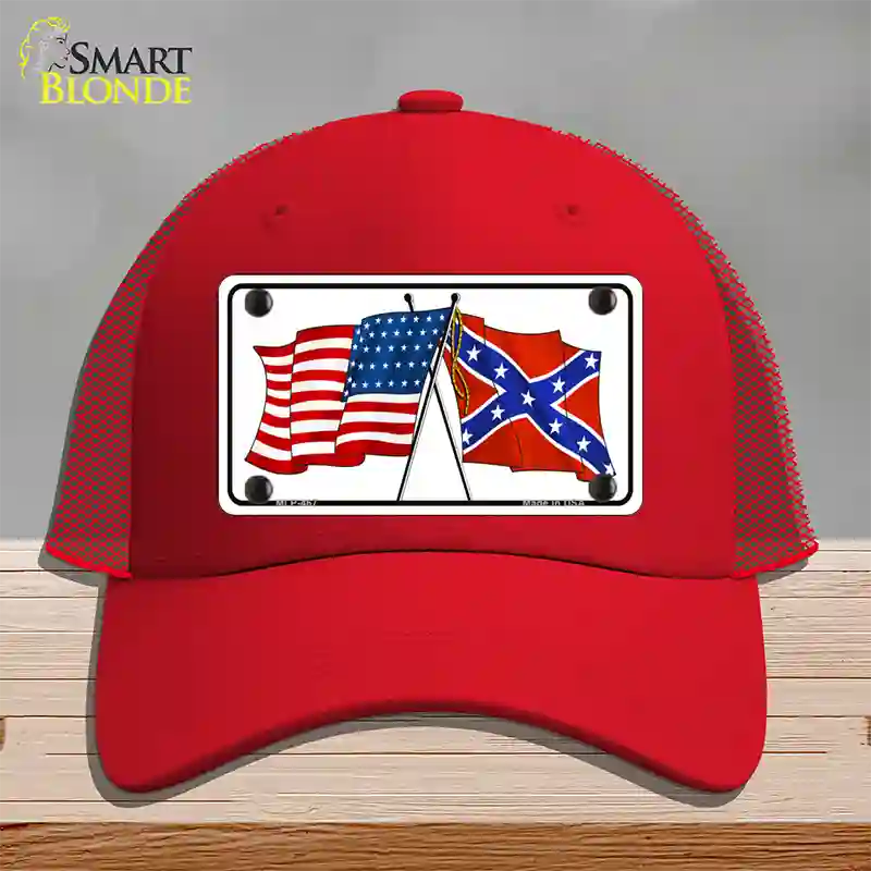 Confederate USA Crossed Flags Novelty License Plate Hat Mesh / Red