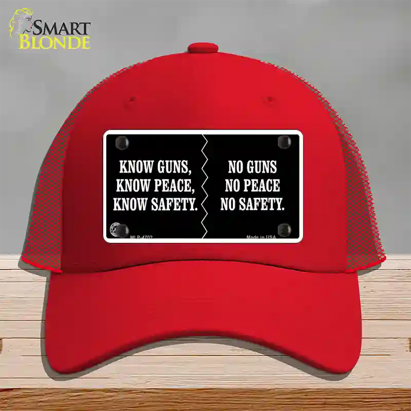 Know Guns, Know Peace, Know Safety Novelty License Plate Hat Mesh / Red