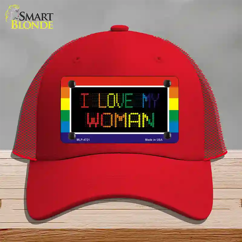 I Love My Woman Novelty License Plate Hat Mesh / Red