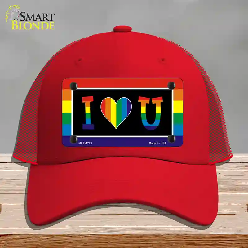 I Love U Novelty License Plate Hat Mesh / Red