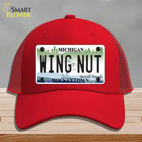 Wing Nut Michigan State Novelty License Plate Hat Mesh / Red