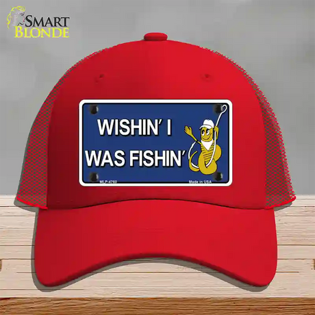 Wishin I Was Fishin Blue Novelty License Plate Hat Mesh / Red