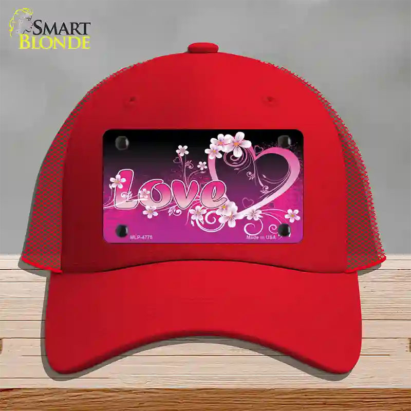 Love Heart And Flowers Novelty License Plate Hat Mesh / Red