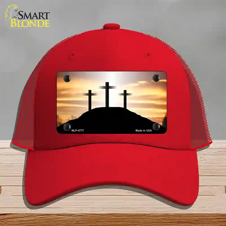 Three Crosses Sunset Novelty License Plate Hat Mesh / Red