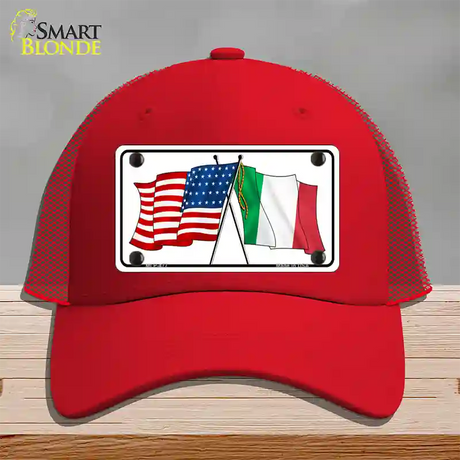 United States Italy Crossed Flags Novelty License Plate Hat Mesh / Red