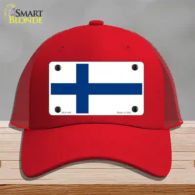 Finland Flag Novelty License Plate Hat Mesh / Red