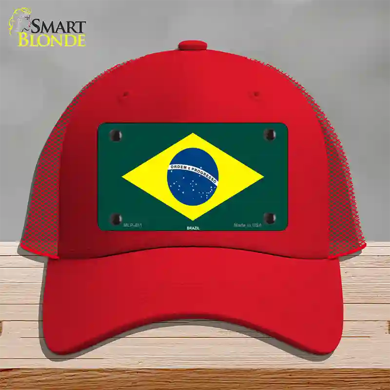 Brazil Flag Novelty License Plate Hat Mesh / Red