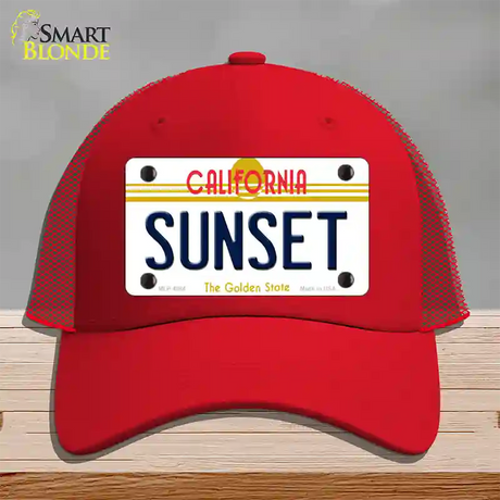 Sunset California Novelty License Plate Hat Mesh / Red