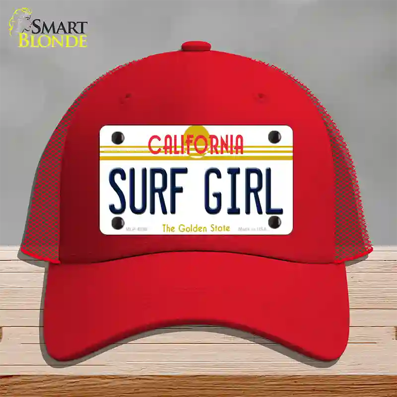 Surf Girl California Novelty License Plate Hat Mesh / Red