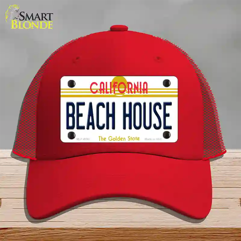 Beach House California Novelty License Plate Hat Mesh / Red