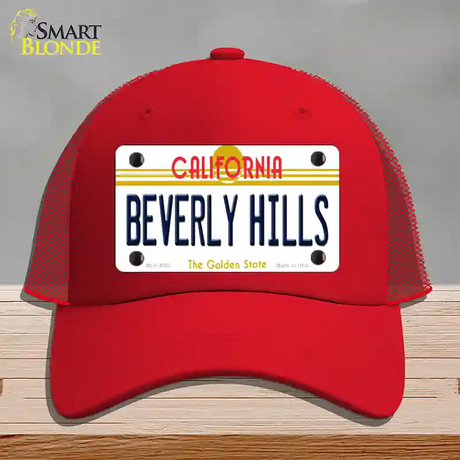 Beverly Hills California Novelty License Plate Hat Mesh / Red