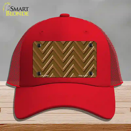 Brown Light Brown Large Chevron Novelty License Plate Hat Mesh / Red