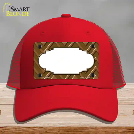 Brown Light Brown Scallop Large Chevron Novelty License Plate Hat Mesh / Red