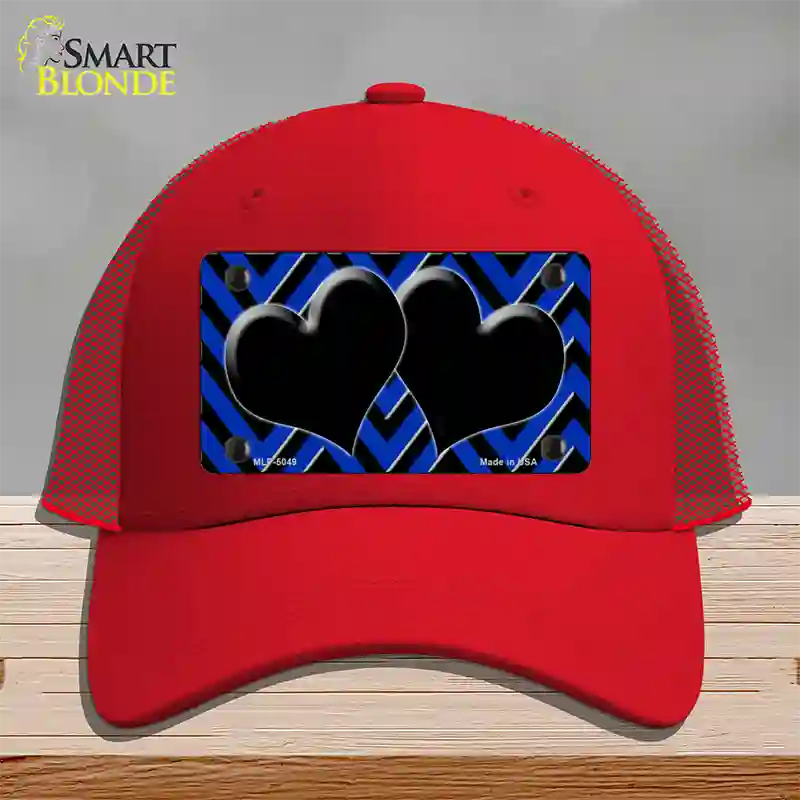 Blue Black Chevon Hearts Novelty License Plate Hat Mesh / Red