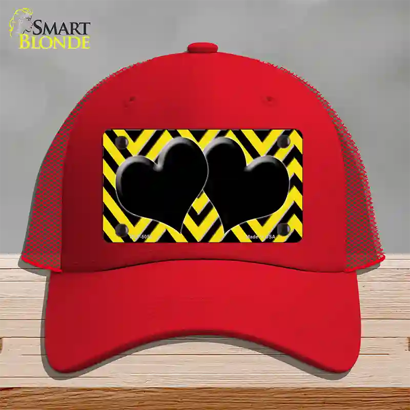 Yellow Black Chevon Hearts Novelty License Plate Hat Mesh / Red