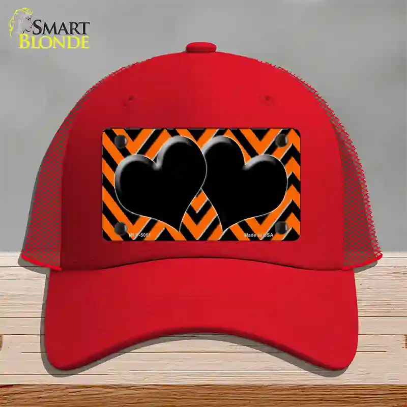 Orange Black Chevon Hearts Novelty License Plate Hat Mesh / Red