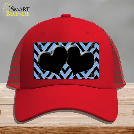 Light Blue Black Chevon Hearts Novelty License Plate Hat Mesh / Red