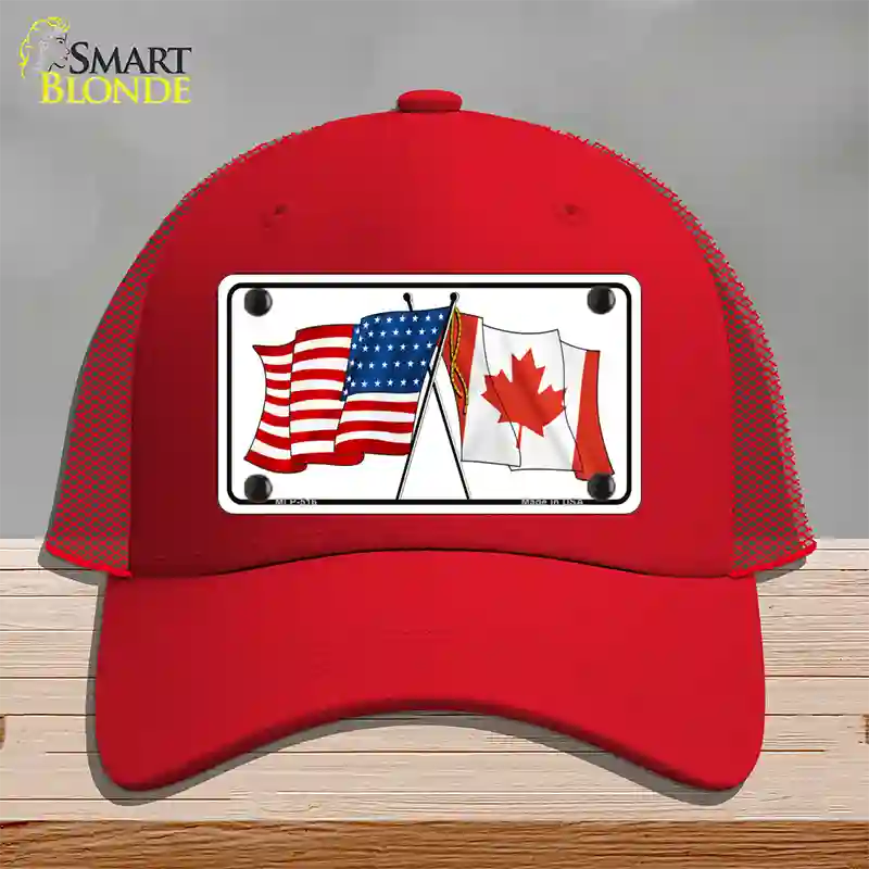 United States Canadian Flag Novelty License Plate Hat Mesh / Red