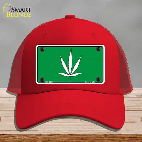 Marijuana Leaf Novelty License Plate Hat Mesh / Red