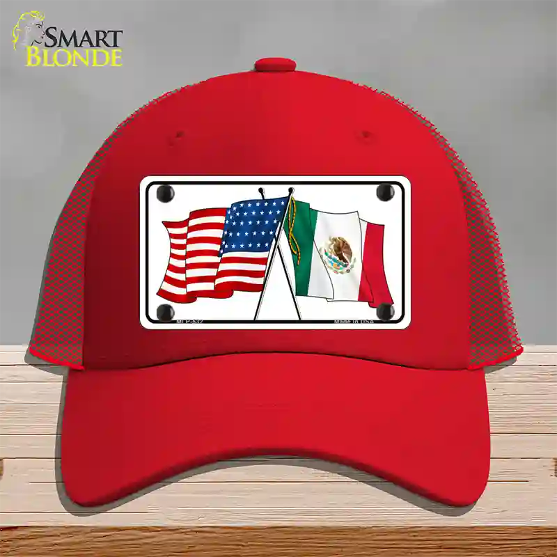 United States Mexico Flag Novelty License Plate Hat Mesh / Red