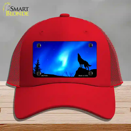 Wolf Howling Novelty License Plate Hat Mesh / Red