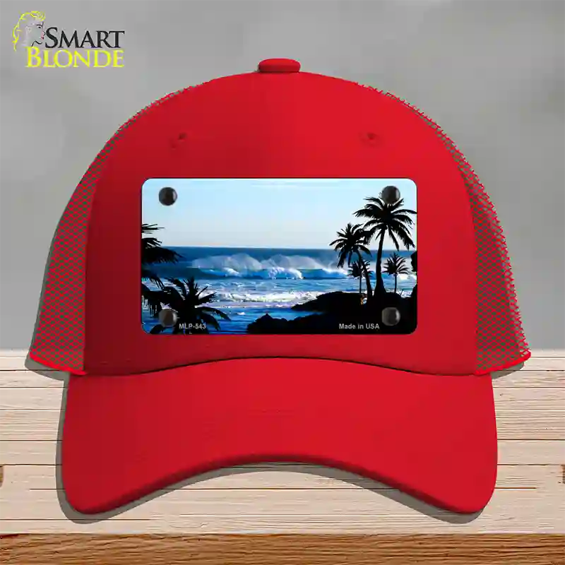 Ocean Wave Novelty License Plate Hat Mesh / Red