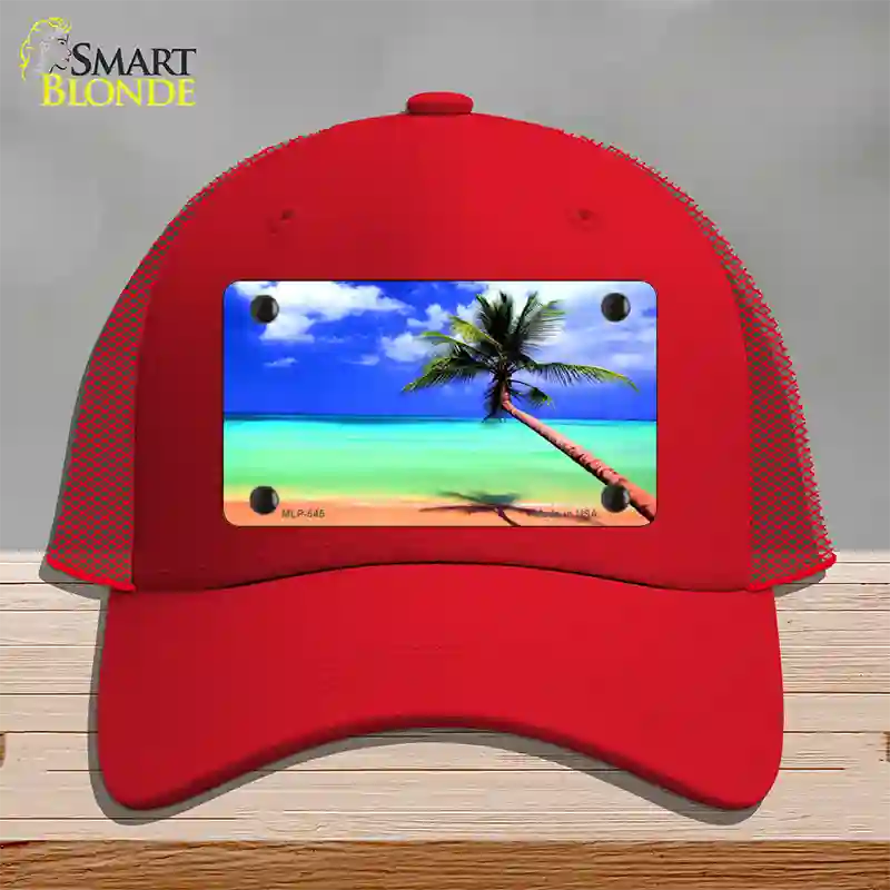 Ocean Sunrise Novelty License Plate Hat Mesh / Red