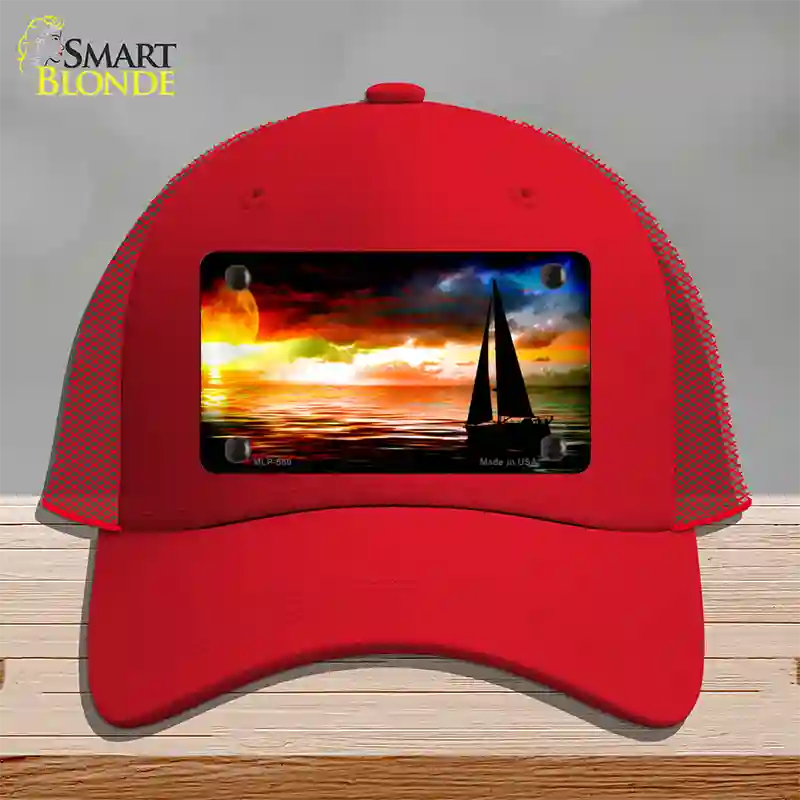 Sailboat Novelty License Plate Hat Mesh / Red