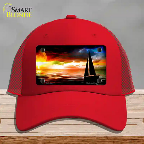 Sailboat Novelty License Plate Hat Mesh / Red