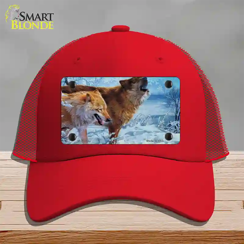 Wintertime Wolf Novelty License Plate Hat Mesh / Red