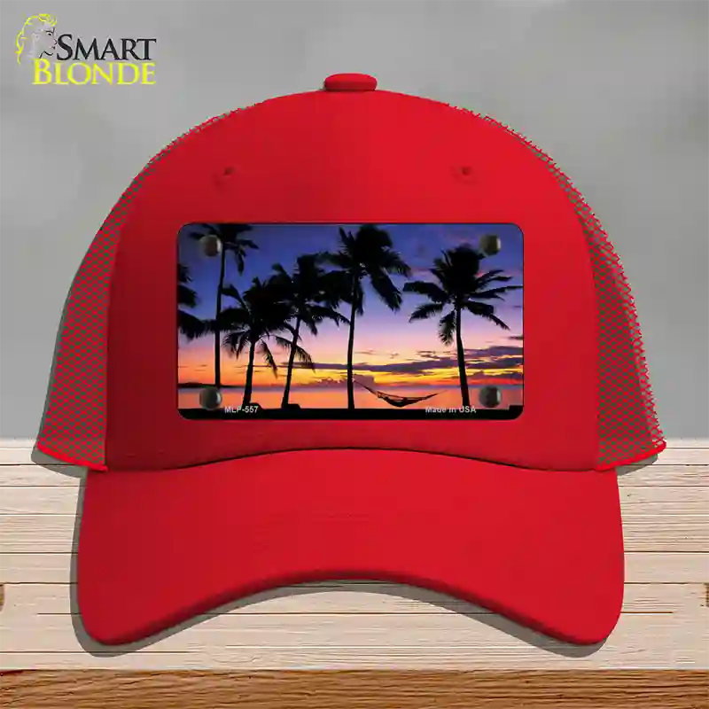 Sunset Hammock Novelty License Plate Hat Mesh / Red