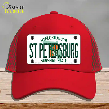 St Petersburg Florida Novelty License Plate Hat Mesh / Red