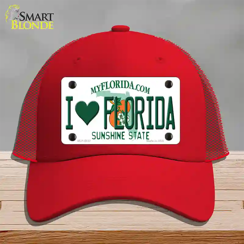 I Love Florida Novelty License Plate Hat Mesh / Red