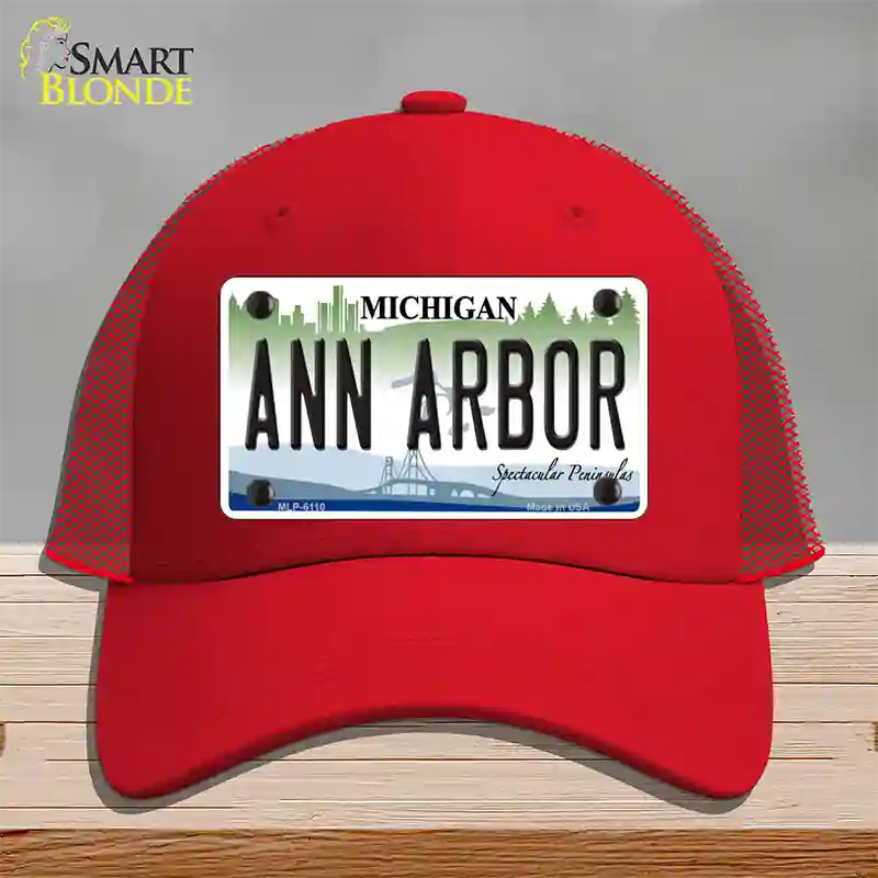 Ann Arbor Michigan Novelty License Plate Hat Mesh / Red