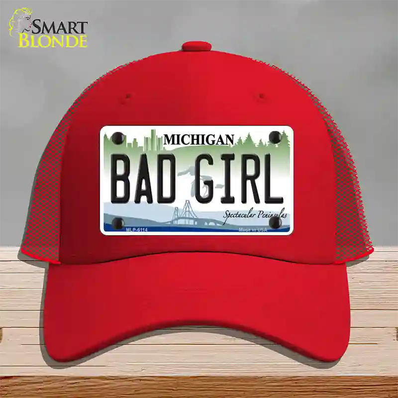 Bad Girl Michigan Novelty License Plate Hat Mesh / Red