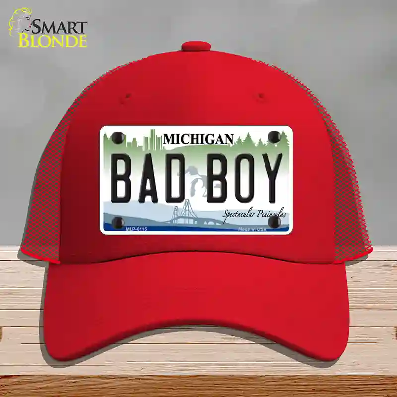 Bad Boy Michigan Novelty License Plate Hat Mesh / Red