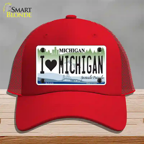 I Love Michigan Novelty License Plate Hat Mesh / Red