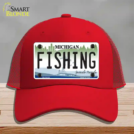 Fishing Michigan Novelty License Plate Hat Mesh / Red