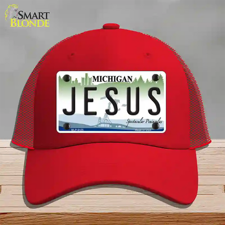 Jesus Michigan Novelty License Plate Hat Mesh / Red