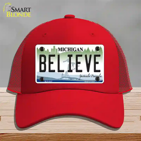 Believe Michigan Novelty License Plate Hat Mesh / Red