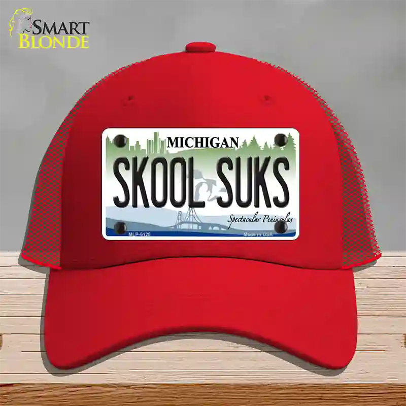 Skool Suks Michigan Novelty License Plate Hat Mesh / Red