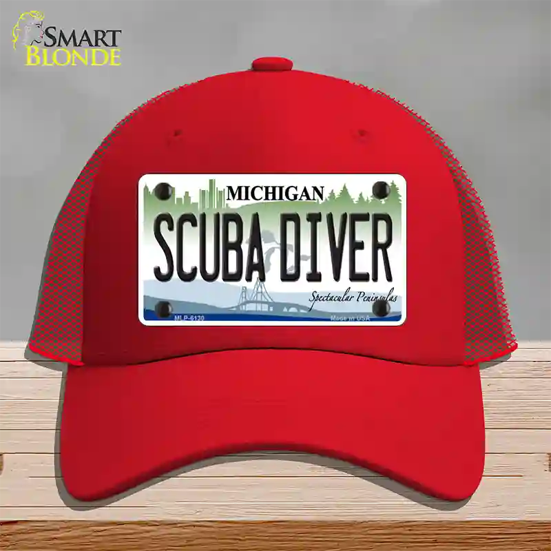 Scuba Diver Michigan Novelty License Plate Hat Mesh / Red