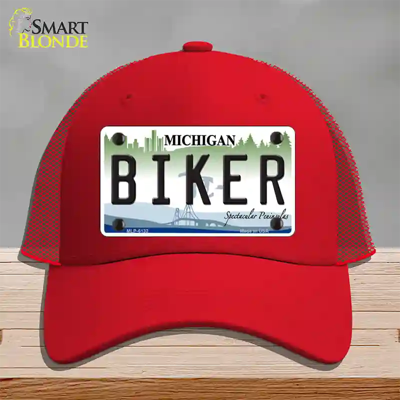 Biker Michigan Novelty License Plate Hat Mesh / Red