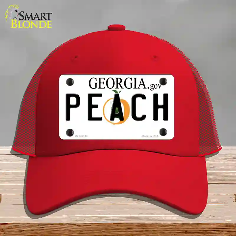 Peach Georgia Novelty License Plate Hat Mesh / Red