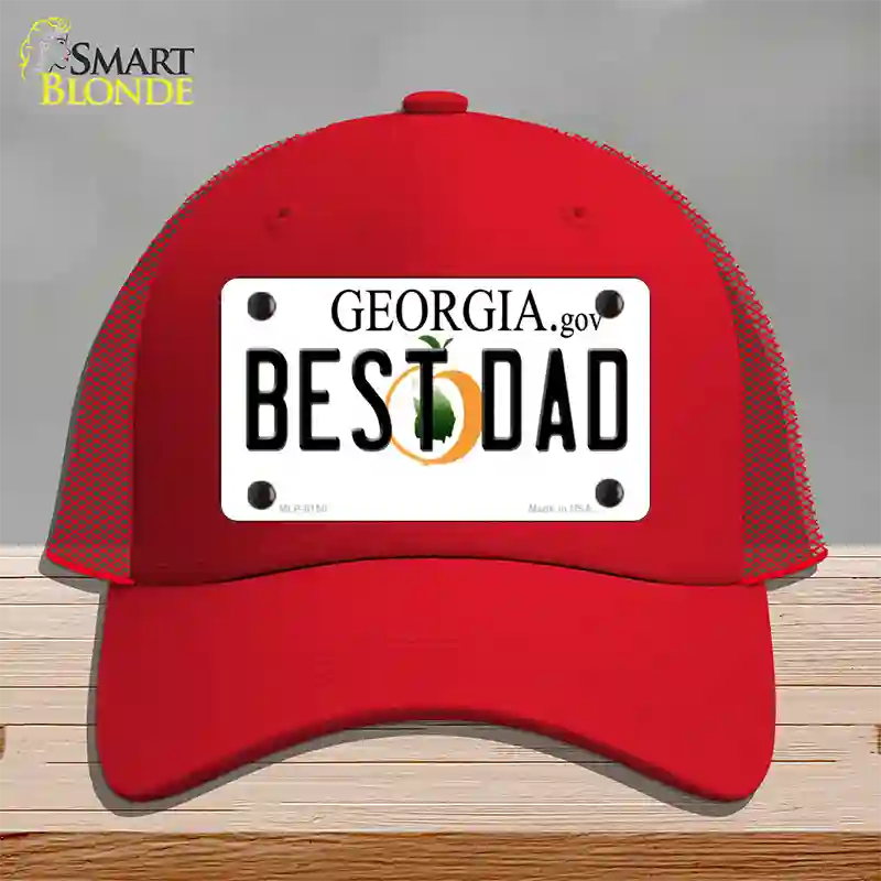 Best Dad Georgia Novelty License Plate Hat Mesh / Red