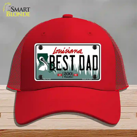 Best Dad Louisiana Novelty License Plate Hat Mesh / Red